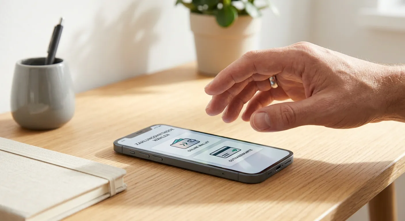 Person wählt Paysafecard und digitale Zahlungswege in einer neutralen mobilen Kassenansicht