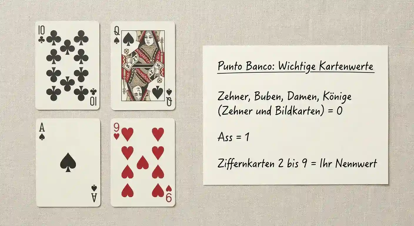 Übersicht der Kartenwerte und des automatischen dritten-Karte-Ablaufs bei Punto Banco