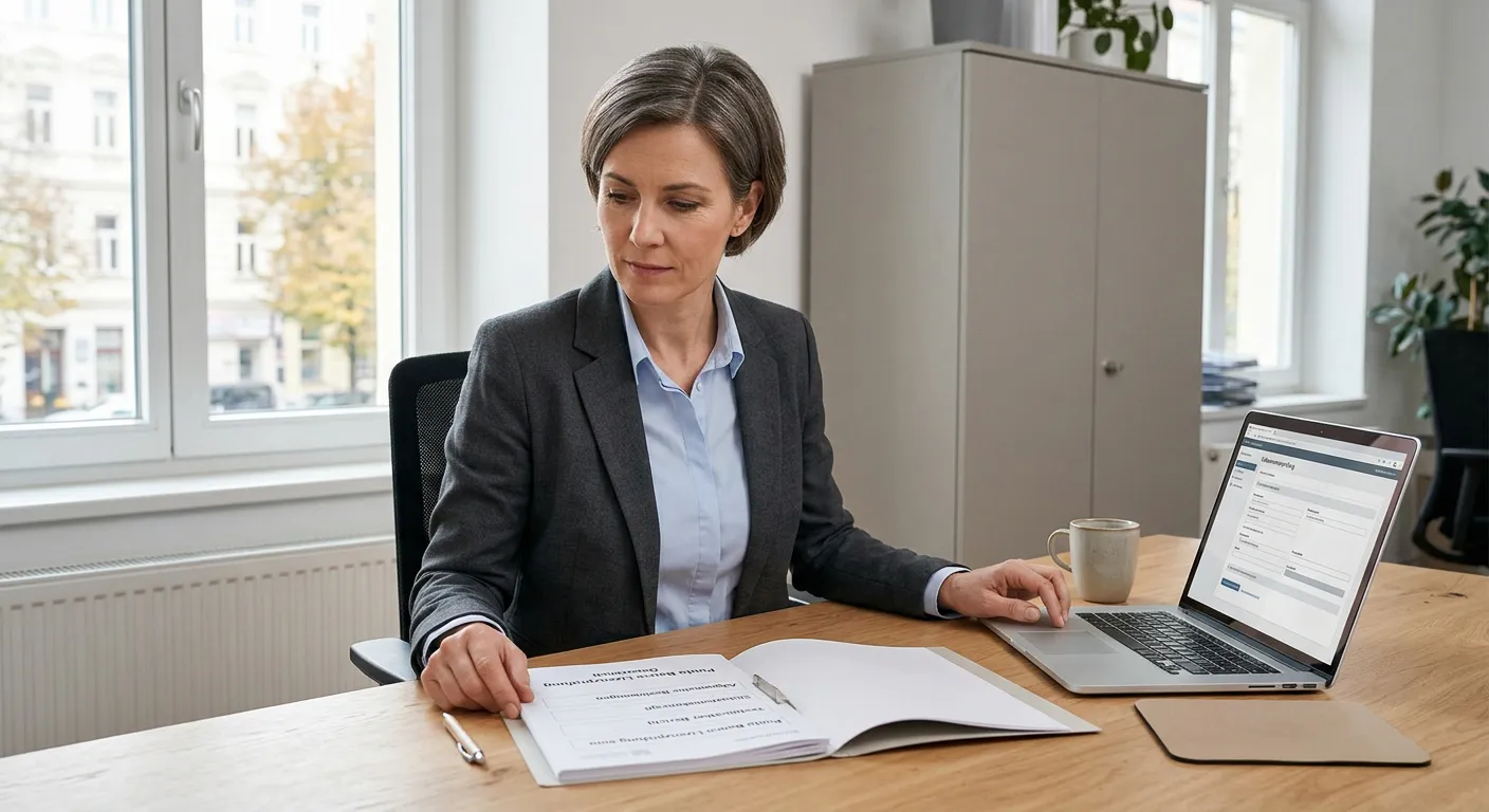 Person prüft Lizenzangaben und Spielbedingungen auf einem neutralen Laptop