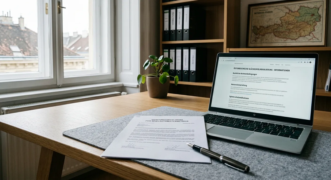 Neutrales Konzessionsdokument und Laptop mit österreichischer Glücksspielinformation