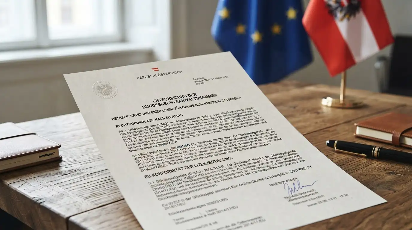 Dokument mit österreichischem Glücksspielgesetz und EU-Flagge im Hintergrund