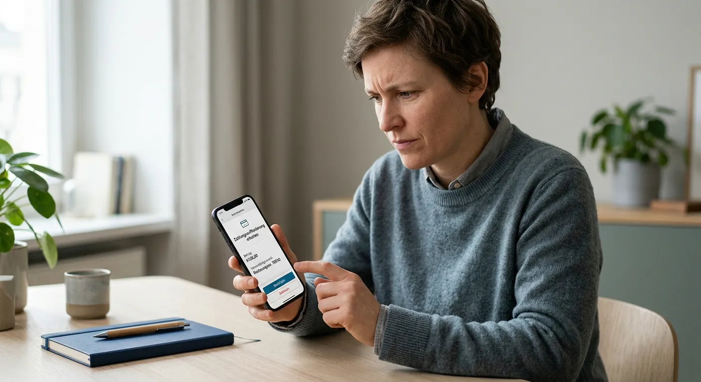 Erwachsene Person prüft skeptisch eine anonyme Zahlungsaufforderung auf einem Smartphone, neutraler Schreibtisch, gedämpftes Licht