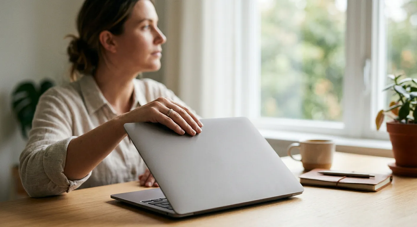 Person schließt ruhig einen Laptop als Sinnbild für die freiwillige Selbstsperre beim Glücksspiel