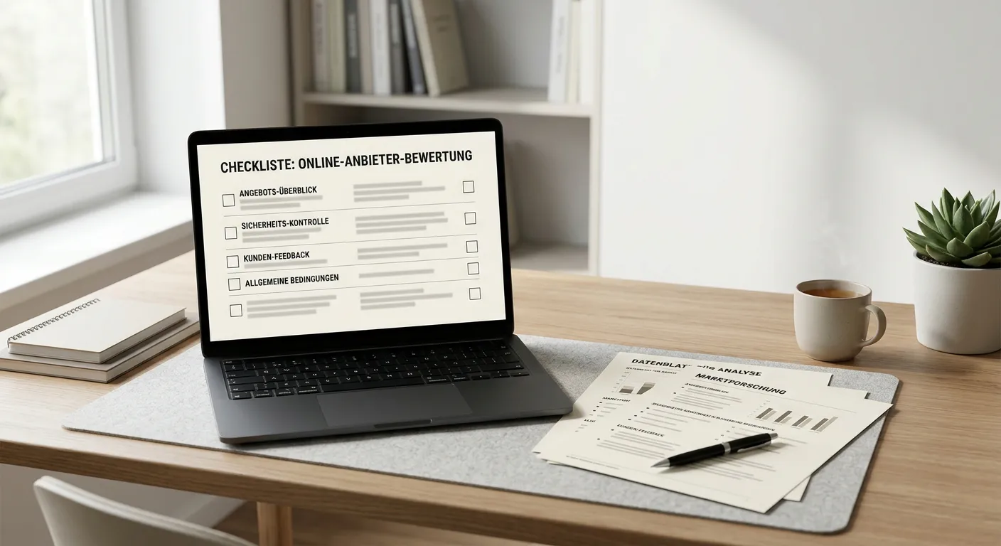 Neutrale Checkliste neben Laptop mit anonymisiertem Casino-Konto