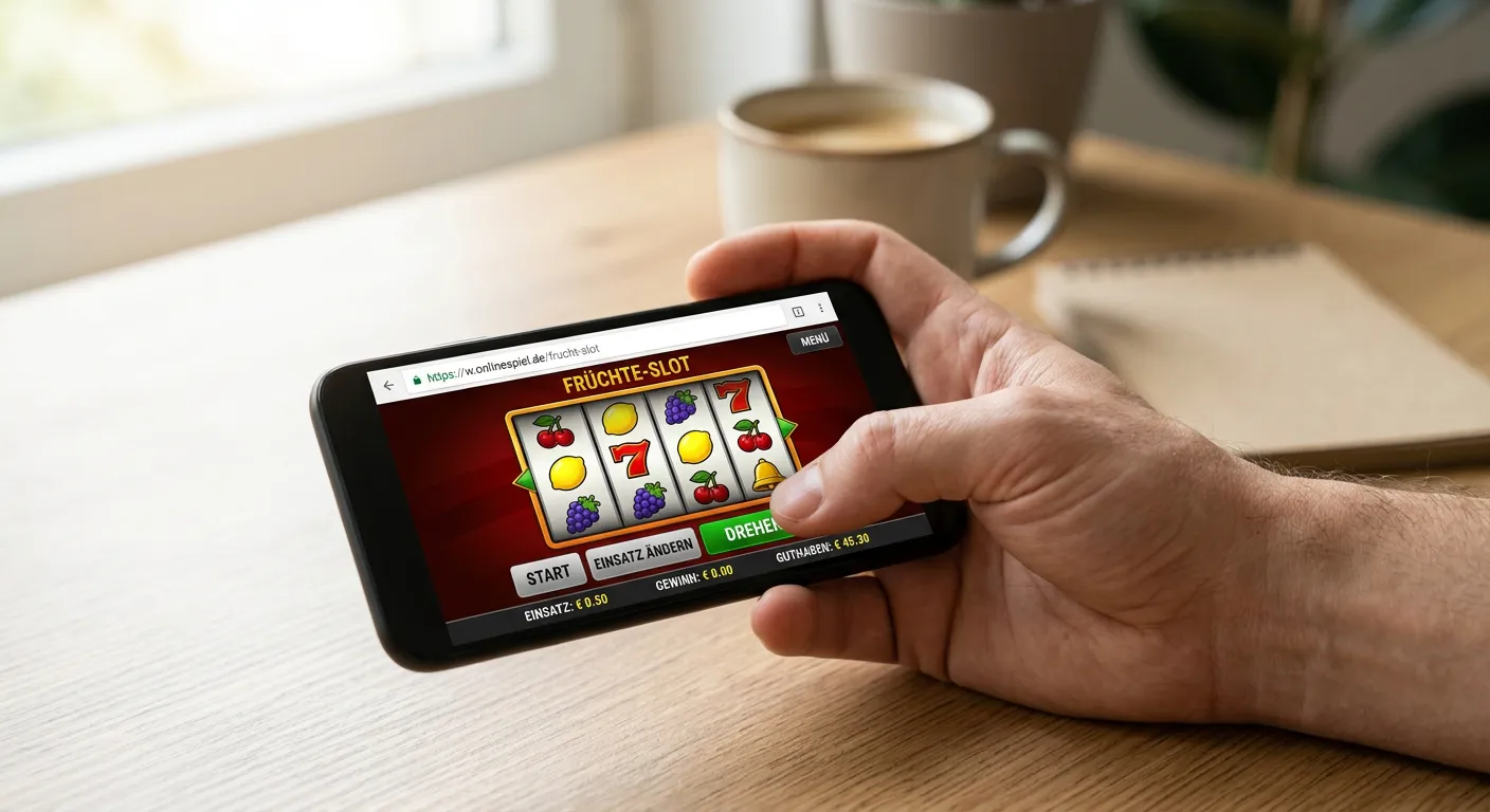 Person prüft einen Spielautomaten im Browser auf einem mobilen Gerät