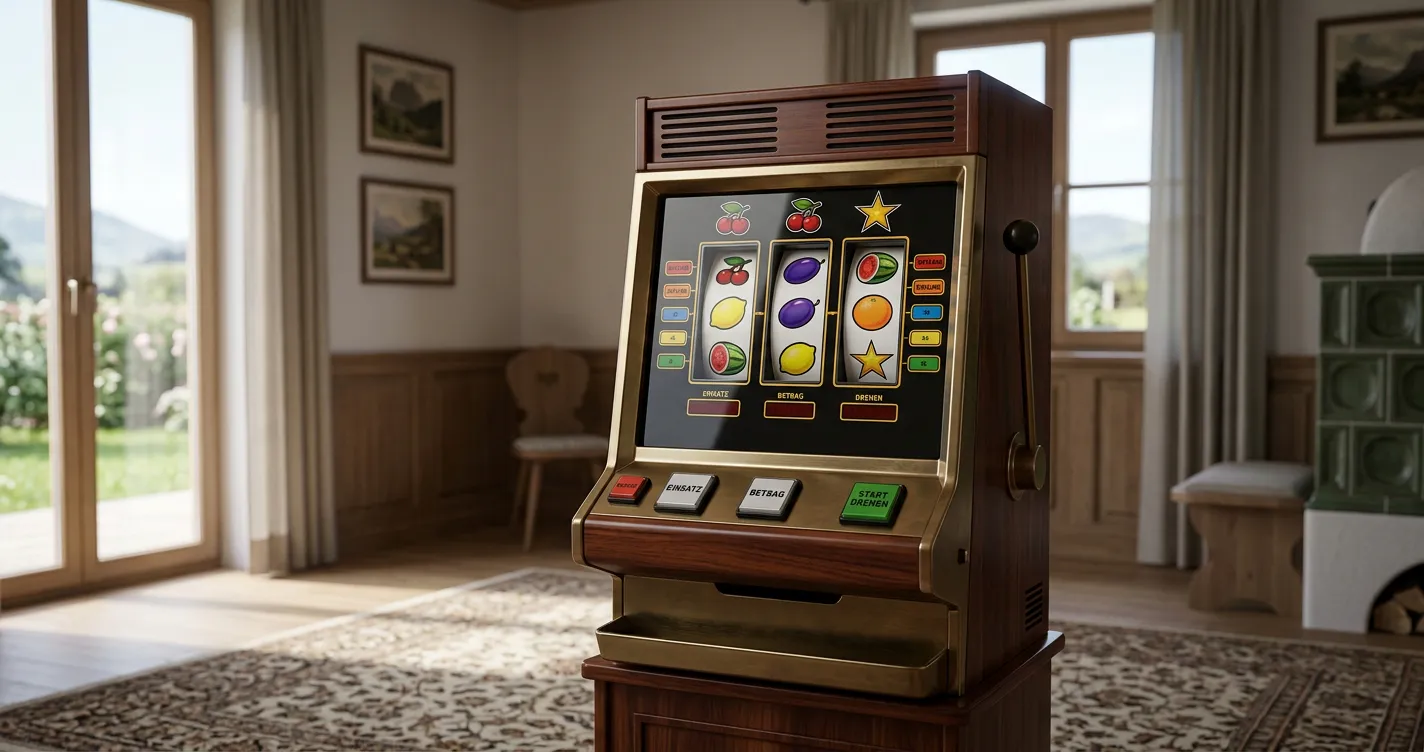 Klassischer Früchtetautomat auf einem schlichten Spieltisch mit österreichischem Bezug