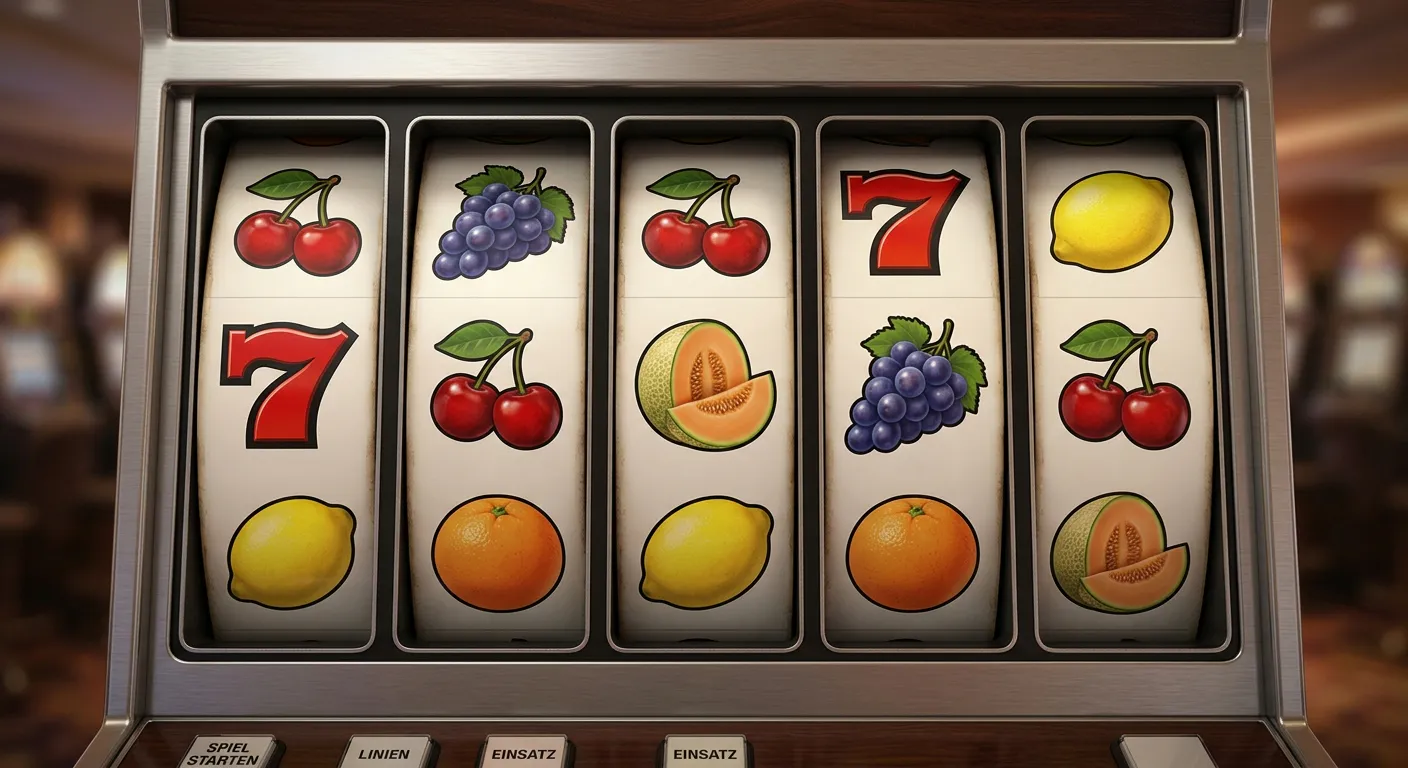 Fünf Walzen mit farbigen Fruchtsymbolen in neutraler Spielumgebung