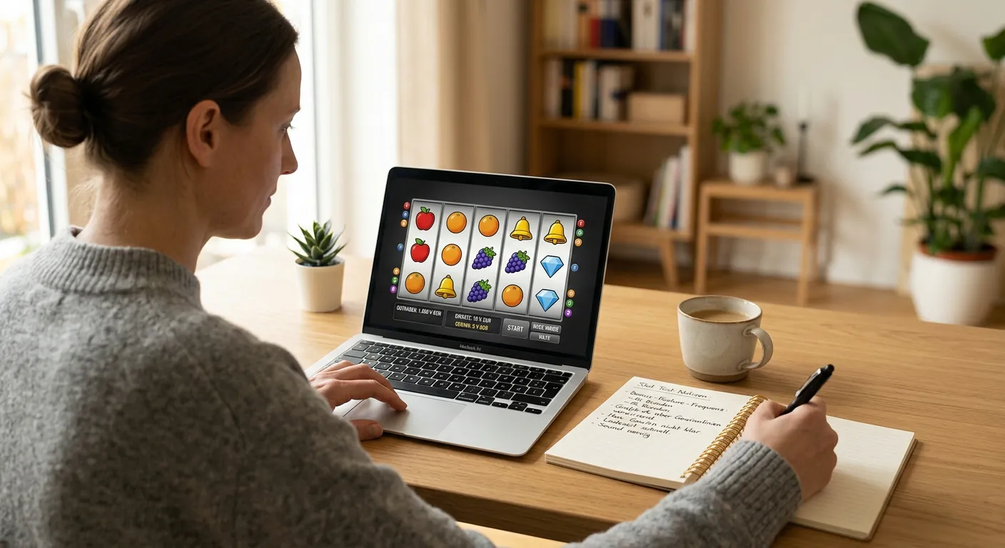 Person testet eine neutrale Slot-Demo am Laptop mit Notizen daneben