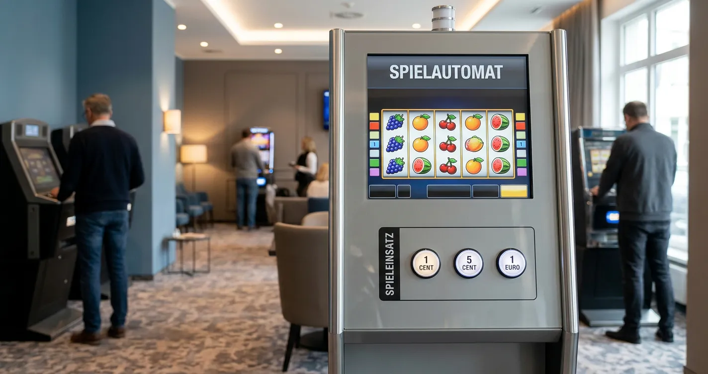 Neutraler Spielautomat mit drei Einsatzstufen in einem hellen österreichischen Spielbereich