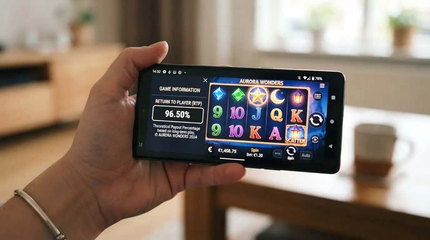 Smartphone mit geöffnetem Slot-Spiel und RTP-Anzeige im Info-Bereich