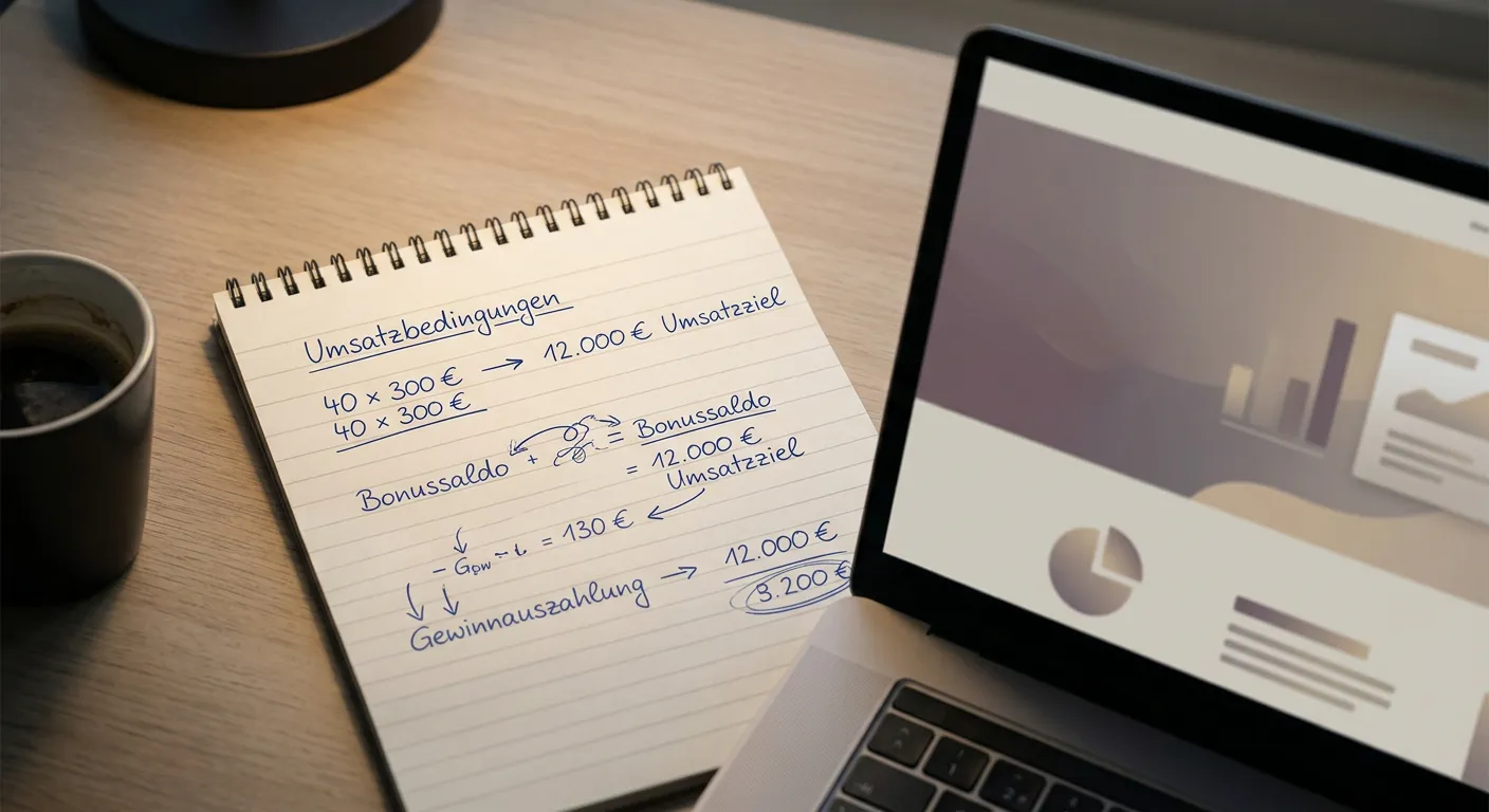 Notizblock mit handschriftlicher Bonus-Umsatzrechnung neben einem Laptop