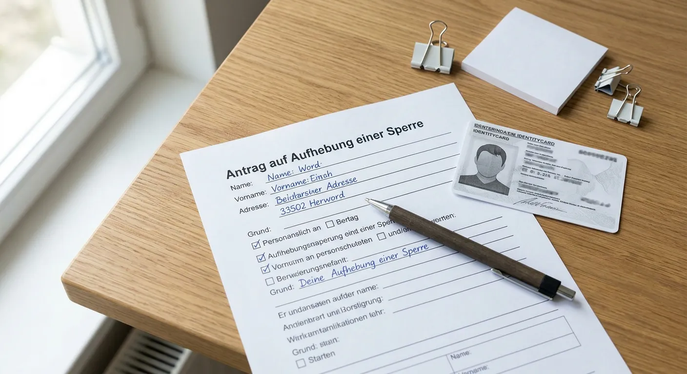 Ausgefüllter Antrag auf Aufhebung einer Spielersperre mit Ausweiskopie auf einem Schreibtisch