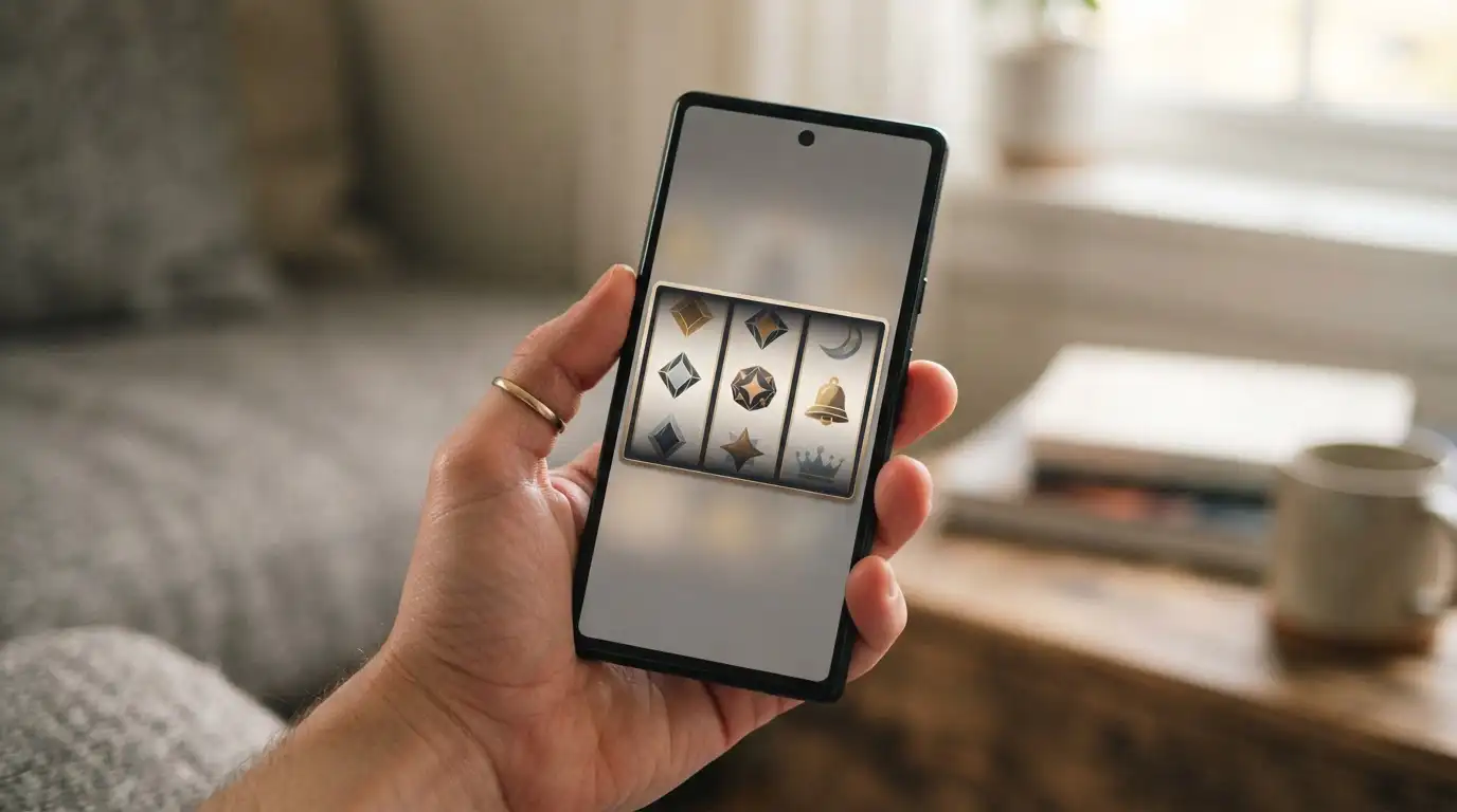 Smartphone mit einem neutralen Spielautomaten-Interface in einer Hand gehalten