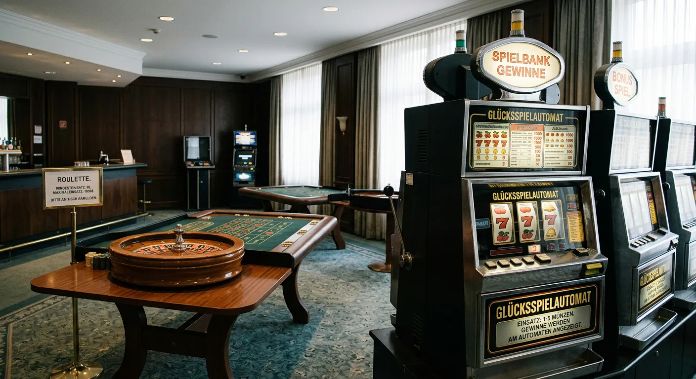 Spielautomat und Roulette-Tisch in sachlicher Casino-Umgebung