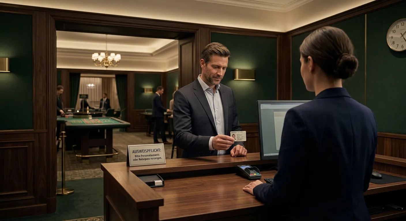 Ruhiger Empfangsbereich einer Spielbank mit Mitarbeiter von hinten, Ausweiskontrolle am Eingang
