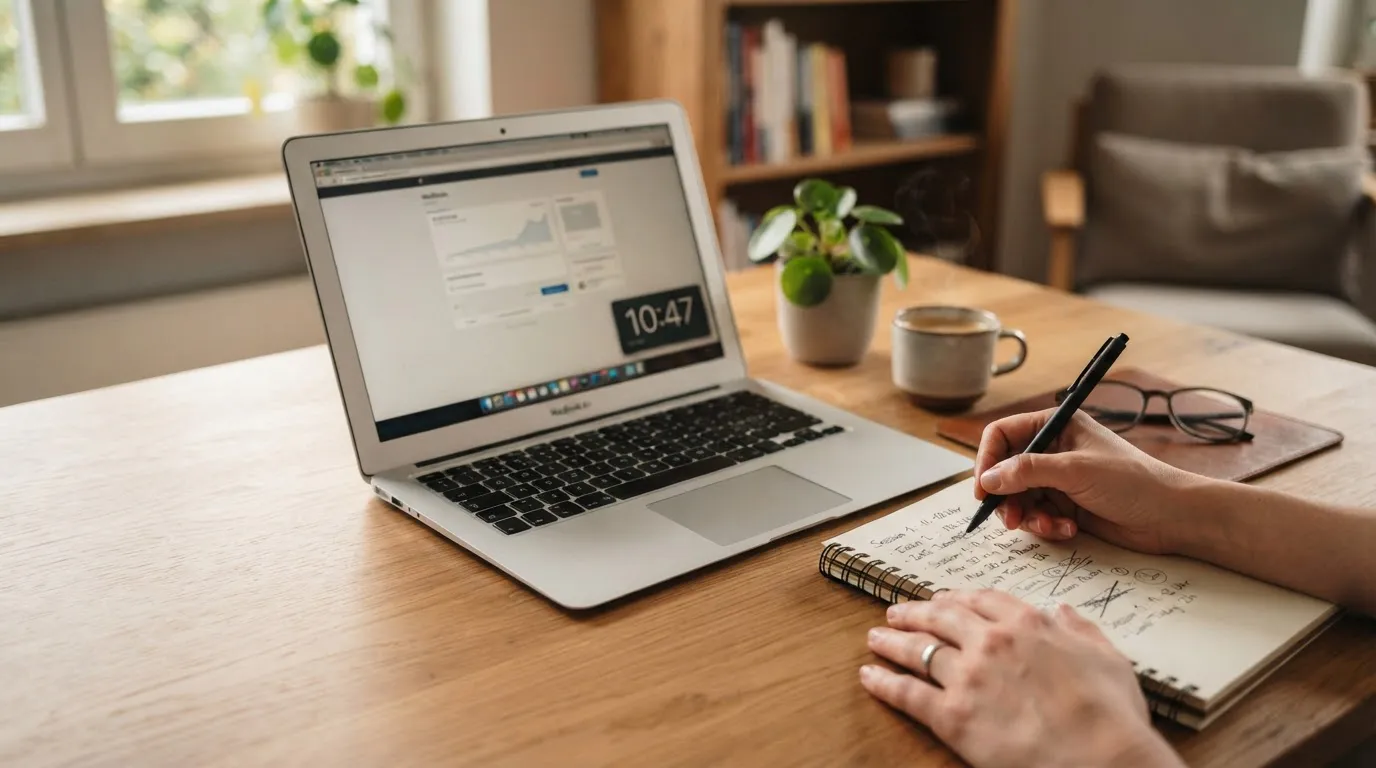 Ruhiger Arbeitsplatz mit Spielzeit-Notizen und Laptop