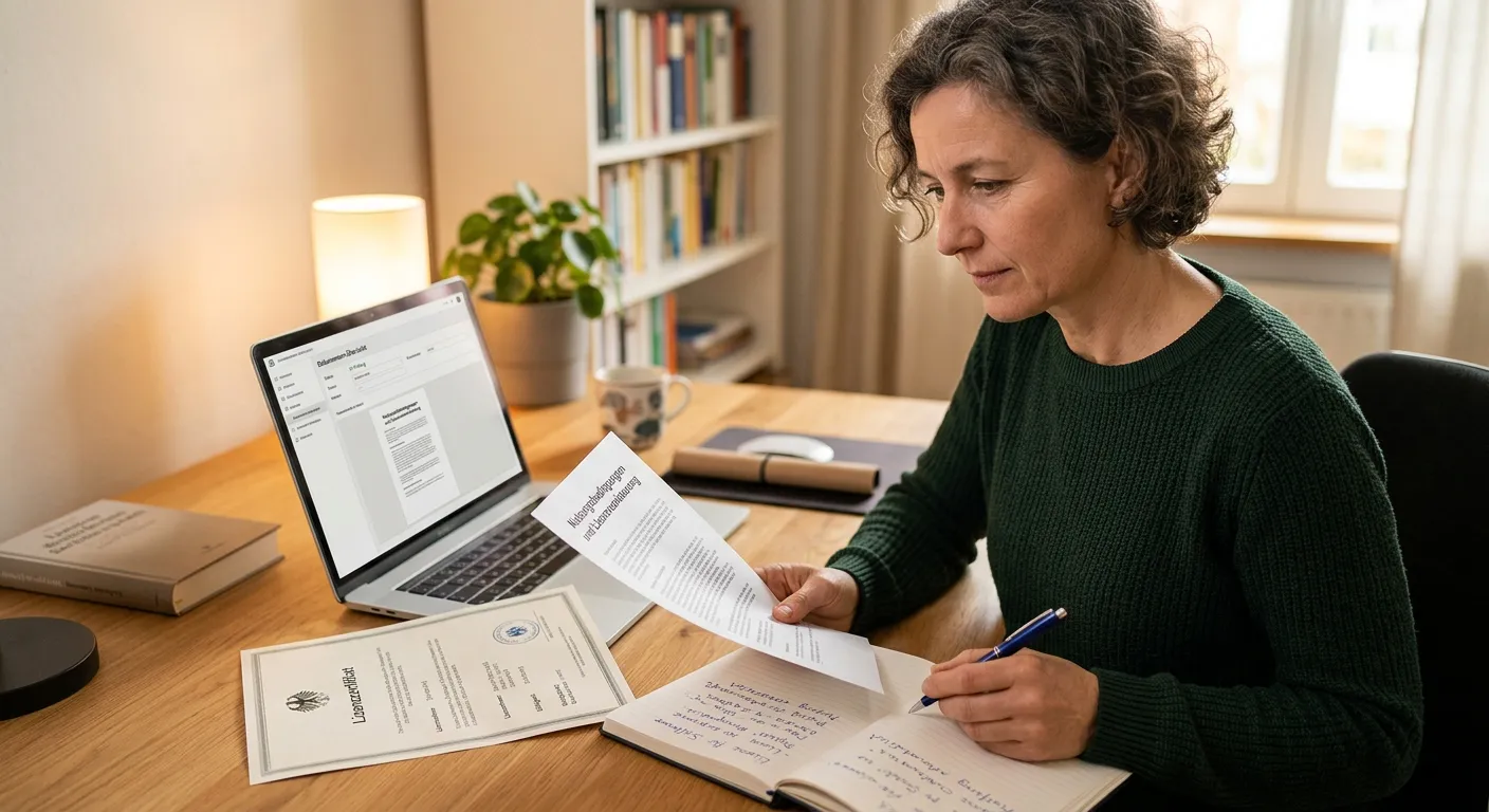 Person prüft Betreiber, Lizenz und Auszahlungsbedingungen an einem neutralen Schreibtisch