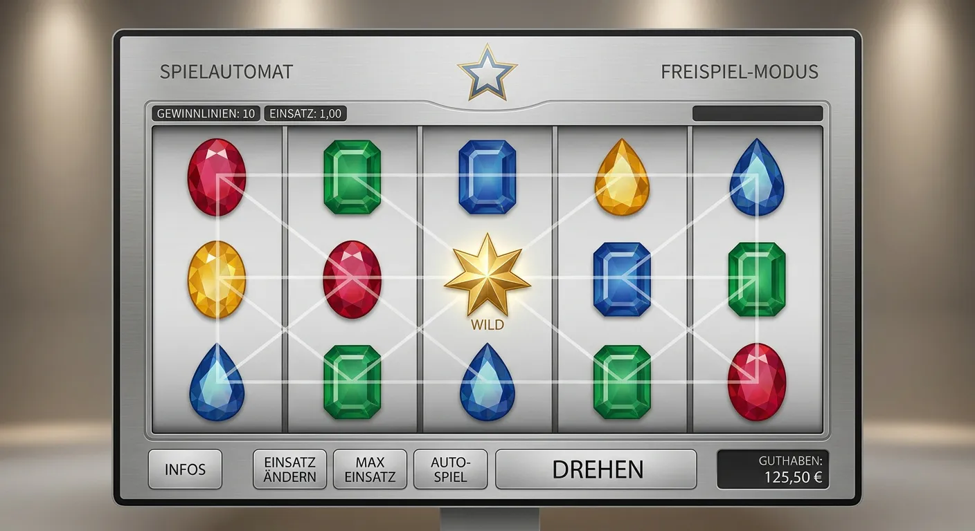 Neutrale Darstellung von fünf Walzen und zehn Gewinnlinien eines klassischen Spielautomaten