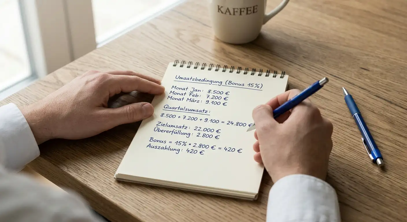 Person mit Notizblock berechnet handschriftlich Zahlen an einem Tisch