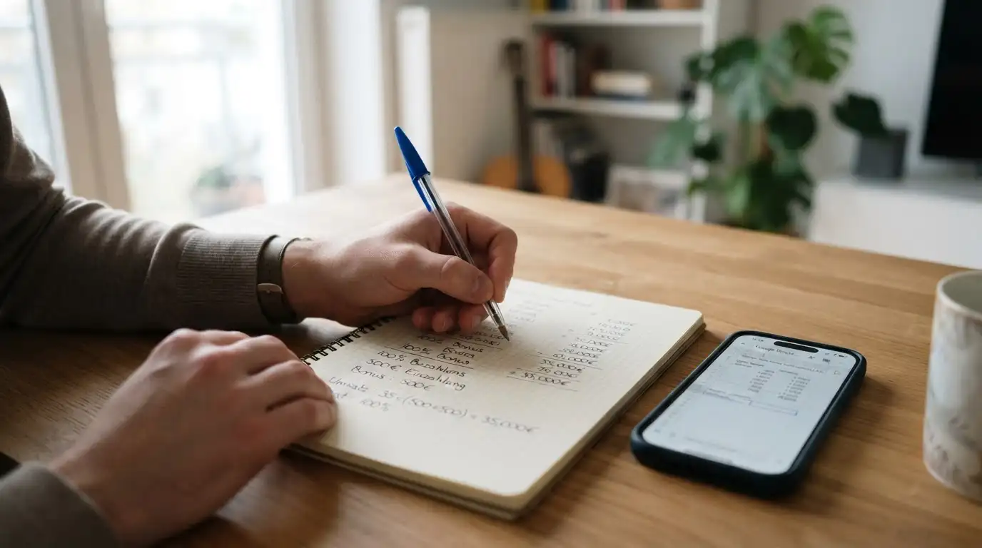 Person mit Stift und Notizblock beim Berechnen von Umsatzbedingungen