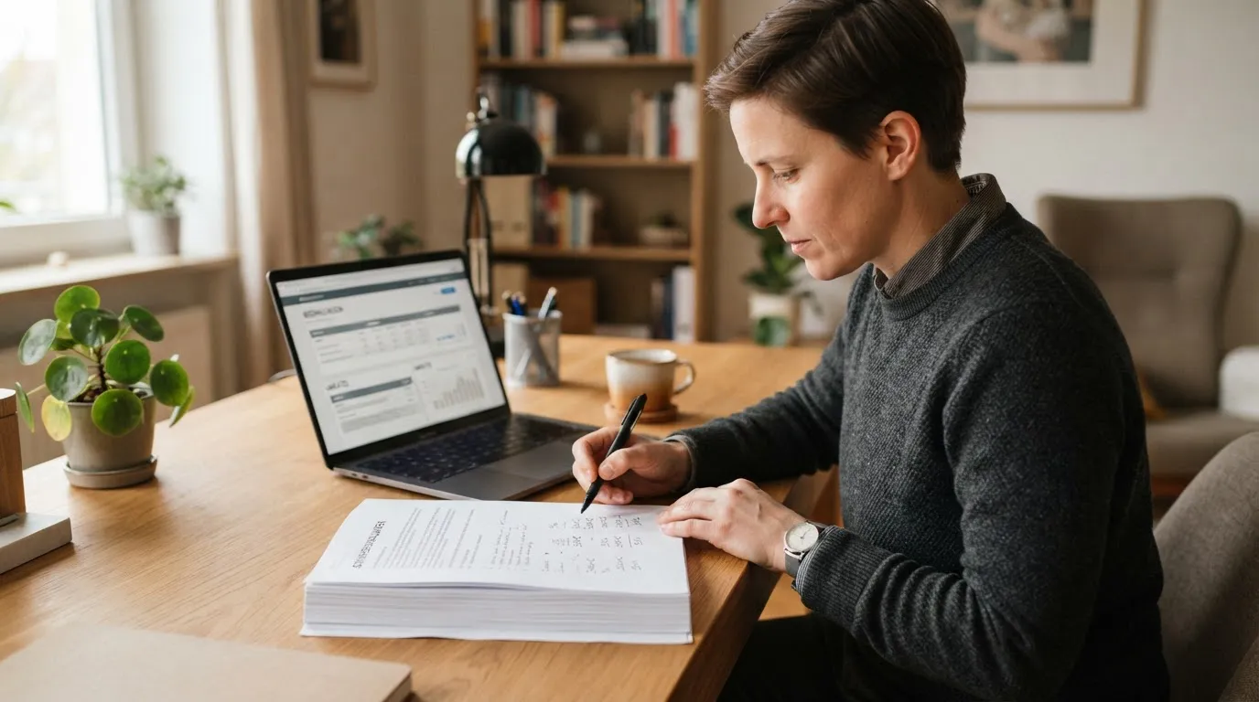 Person prüft Umsatzbedingungen mit Stift und Notizblatt