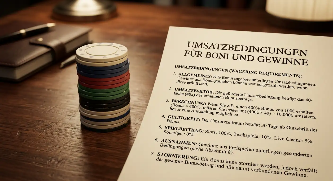 Gestapelte Casino-Chips und Dokument mit Umsatzbedingungen auf Holztisch