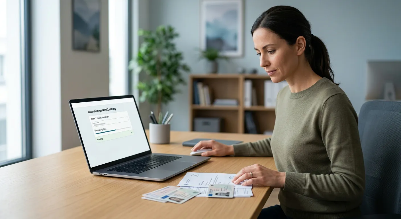 USDC-Auszahlung und KYC-Prüfung am Laptop