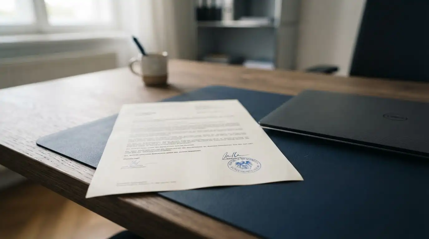 Neutrales österreichisches Lizenzdokument auf einem Schreibtisch neben einem Laptop