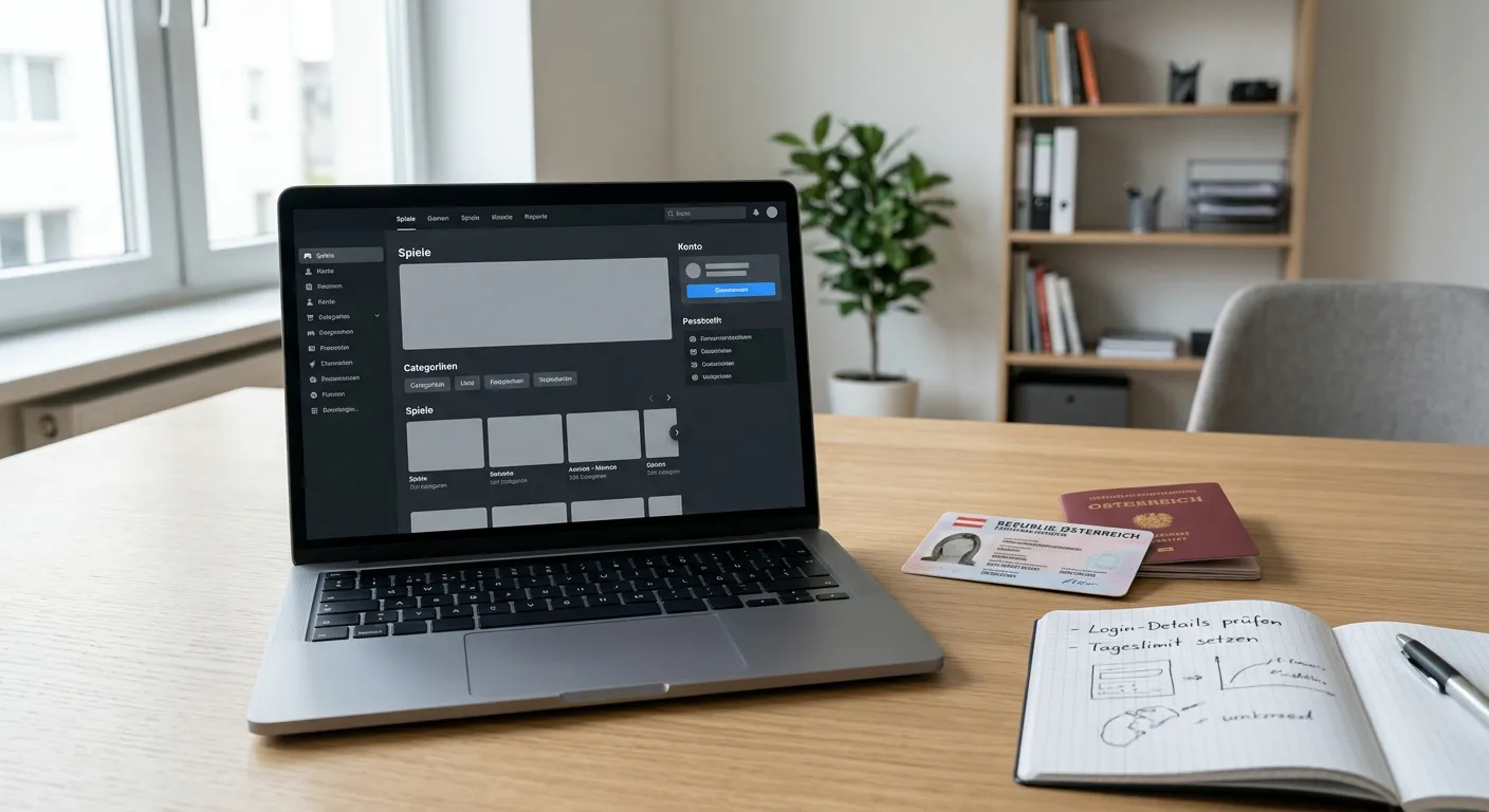 Neutrale österreichische Lotterieplattform auf einem Laptop neben einem Ausweisdokument