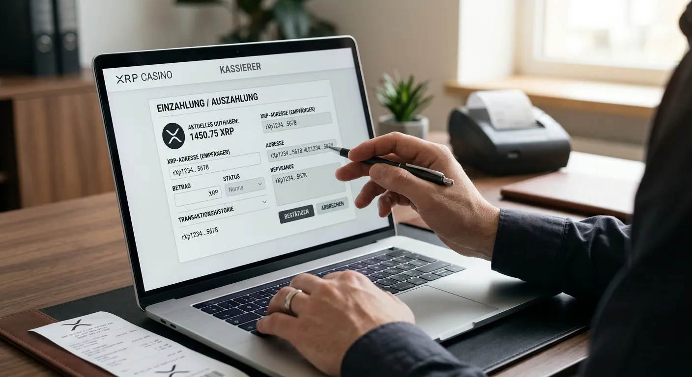 Krypto-Casino-Kassierer mit XRP-Auswahl und neutraler Wallet-Darstellung