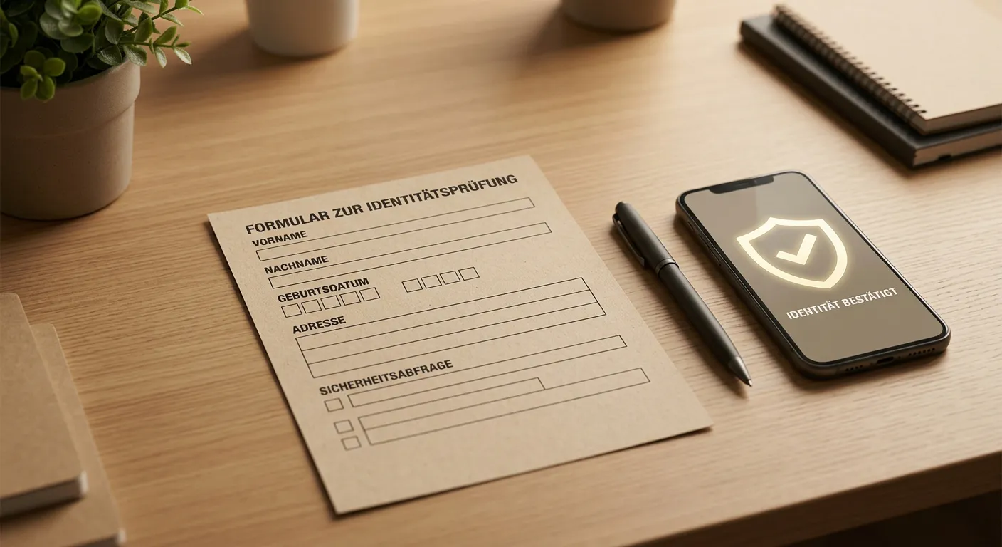 Aufgeräumter Schreibtisch mit neutralem Identitätsprüfungsformular und sicherem Wallet-Symbol