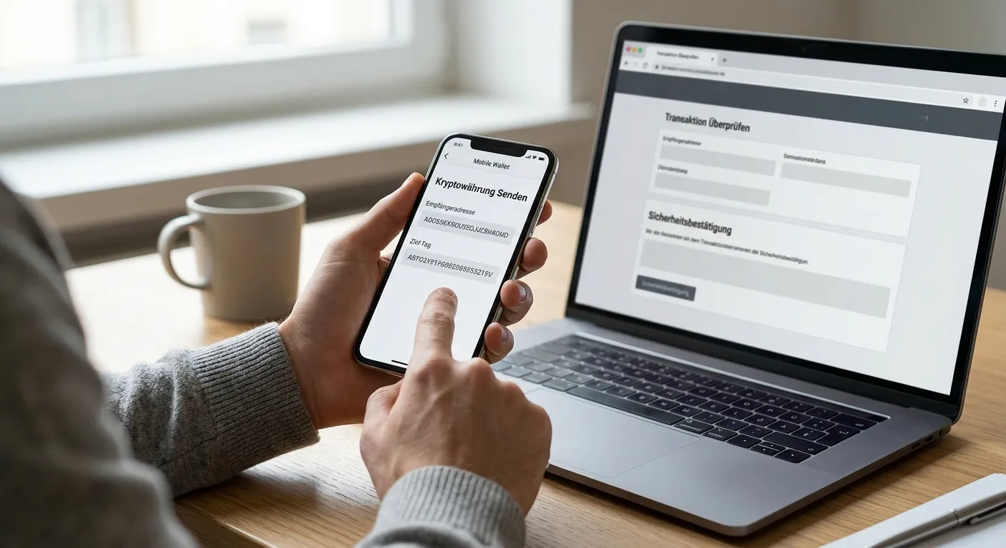 Person prüft XRP-Wallet-Adresse und Destination Tag auf einem Smartphone