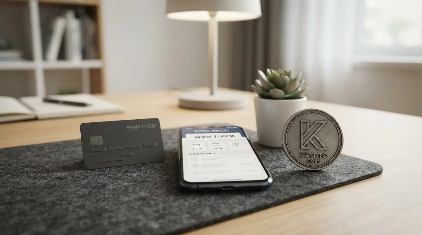 Zahlungsmethoden-Symbole: Kreditkarte, E-Wallet und Kryptowährung auf einem Schreibtisch