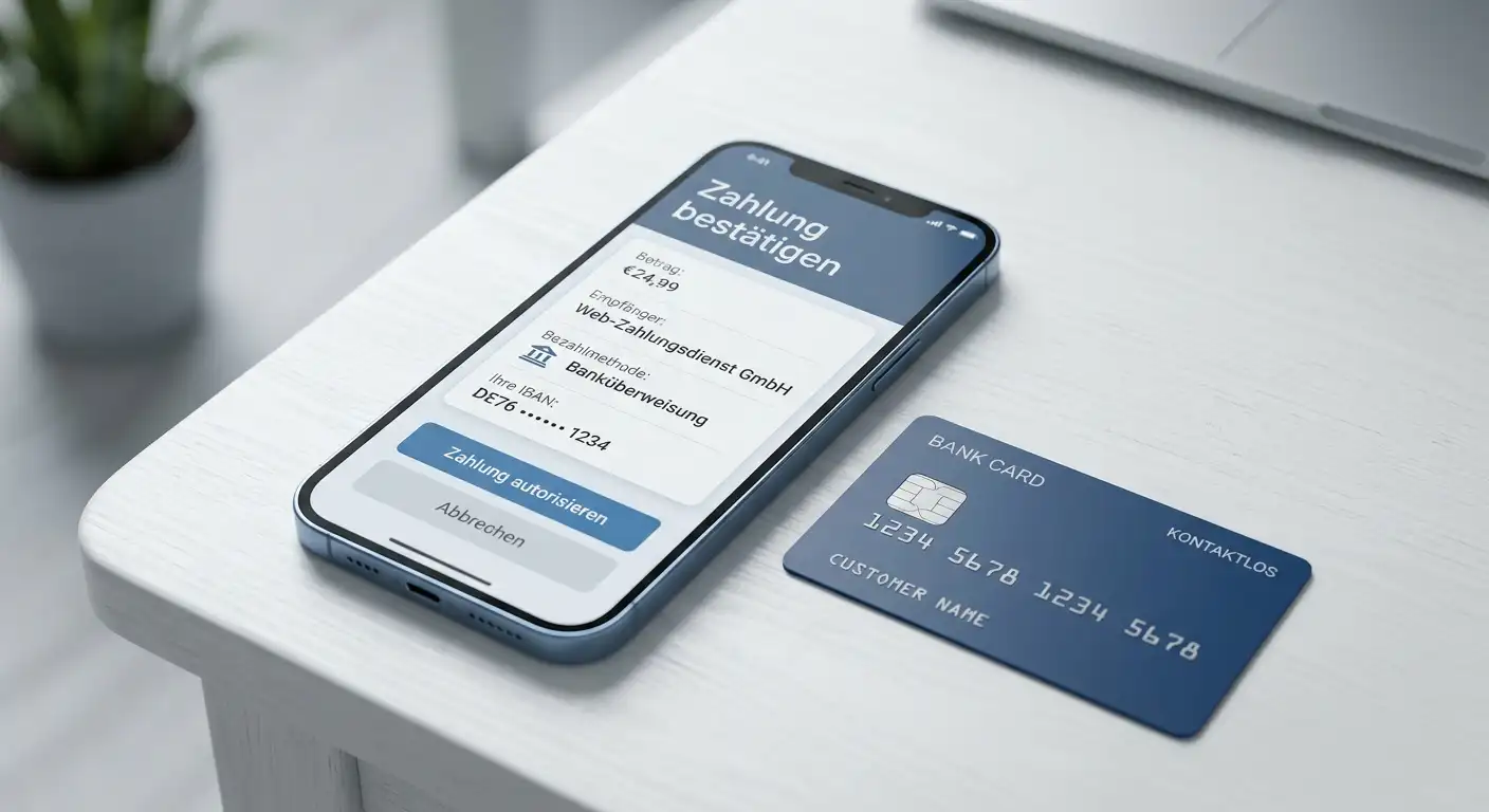 Smartphone mit einer neutralen Zahlungs-App neben einer Bankkarte auf dem Tisch