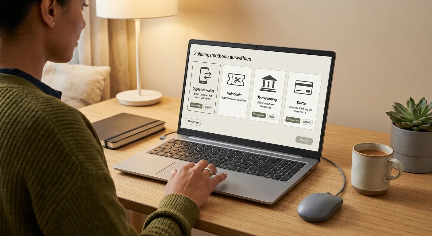 Laptop mit neutralen Symbolen für PayPal Paysafecard Banküberweisung und Kartenprüfung