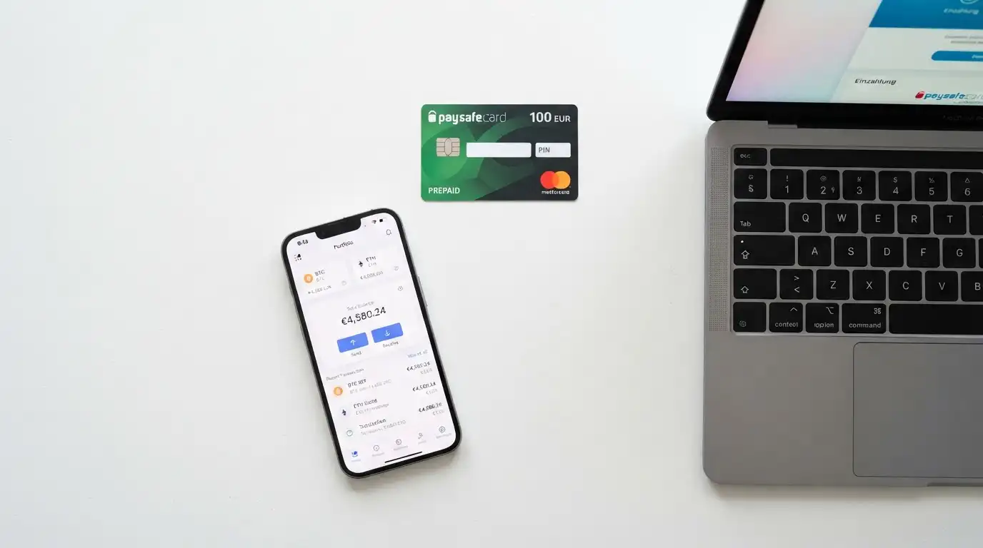 Paysafecard-Karte, Smartphone mit Krypto-Wallet und Laptop auf Schreibtisch