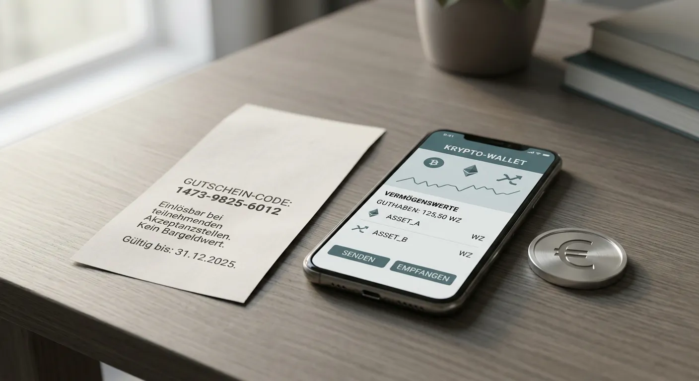 Prepaid-Gutscheinzettel und Krypto-Wallet auf einem Schreibtisch als anonyme Zahlungswege